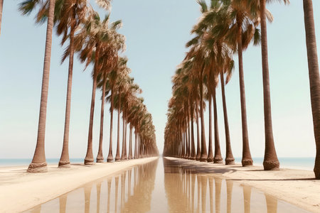 Row Of Palm Trees Lining Sandy Beach, Illustrating Linear Perspectiveの素材