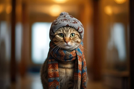 Cat Wearing Patterned Scarf And Hat, Exploring Indoors Cold At Homeの素材