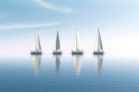 Row Of Sailboats On Calm Lake, Illustrating Linear Perspectiveの素材