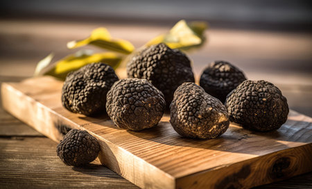 Black Truffles On Wooden Board, Rusticの素材