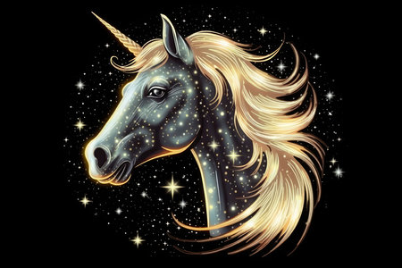 Sparkling Unicorn Majestic Unicorn Surrounded By Twinkling Stars On A Black Background. Portraitの素材