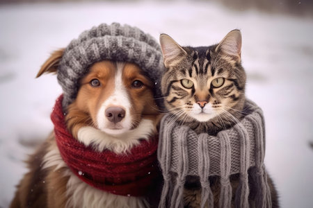 A Cat And Dog Duo Wrapped In Wool Scarves In The Snowの素材