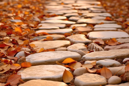 Closeup Of White Flat Rock Pathway On Beige Background Next To Autumn Leavesの素材