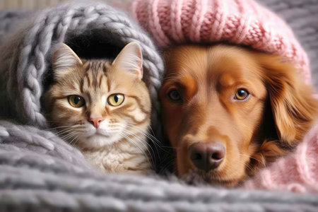 Dog And Cat Sharing Snuggle While Wrapped In Scarves Cold At Homeの素材
