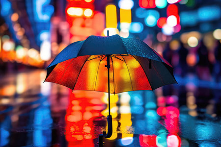 Abstract Image Of Umbrella Reflecting Vibrant City Lightsの素材