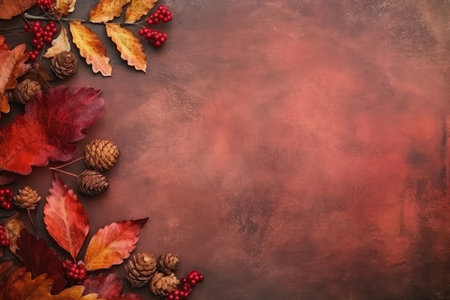 Blank Space Red Grunge Surface With Autumn Leaves And Cones, Top View. autumn frameの素材