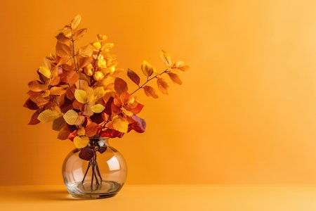 Beautiful Bouquet Of Autumn Leaves In Vase, Empty Space, On Yellow Backgroundの素材