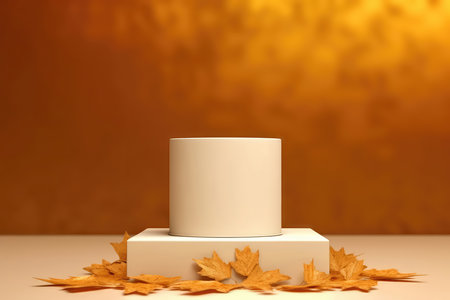 Mock Up Closeup Of White Flat Empty Podium Against Gold Background With Autumn Leavesの素材