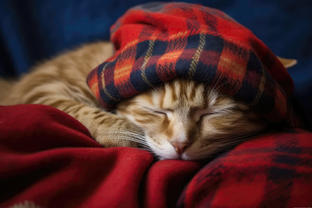 Sleepy Cat Wearing Woolen Beret, Dozing On Blanketsの素材