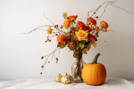 Beautiful Bouquet Of Autumn Leaves In Vase Next To Small Pumpkin, Empty Space, On White Backgroundの素材