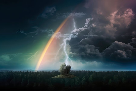 Gloomy Weather With Clouds And Rainbows Beneath The Rainbow Is Lightningの素材