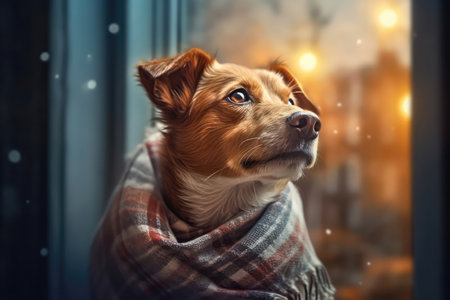 Dog Wearing Cozy Fleece Scarf, Gazing Out The Window. . A Dog Is Waiting For A Man At Homeの素材
