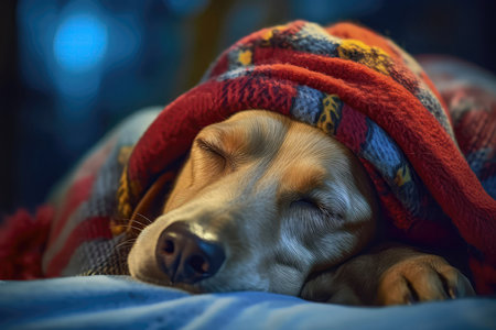 Dog Wearing Trendy Bandana And Beanie, Snoozing Comfortably Cold At Homeの素材