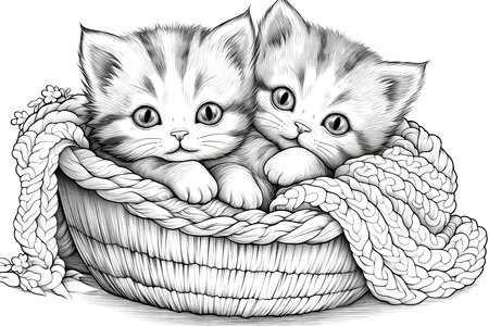 Coloring Book Black Outline, Purrfect Kittens Adorable Kittens Curled Up And Playing With Yarn Ballsの素材