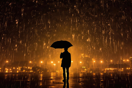 Silhouette Under Umbrella In Pouring Rainstormの素材