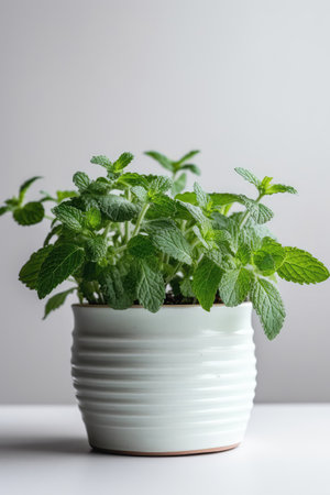 Mint Growing In White Pot On White Backgroundの素材