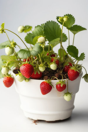 Strawberries Growing In White Pot On White Backgroundの素材