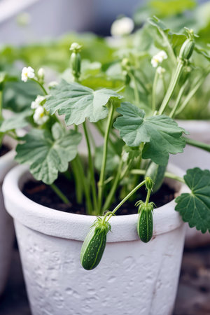 Zucchinis Growing In White Pot On White Backgroundの素材
