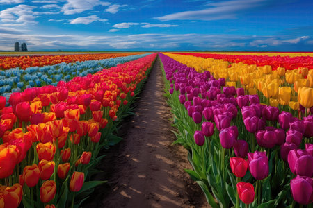 Blossoming Tulip Field In Rainbow Of Vibrant Huesの素材
