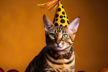 Bengal Cat In Clown Hat On Gold Backgroundの素材