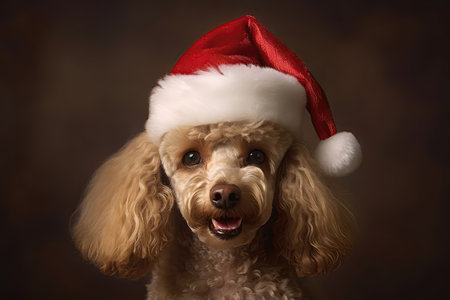Poodle Dog In Holiday Christmas Or New Year Cap On Brown Backgroundの素材