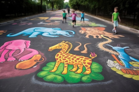 Childrens Drawing On The Asphalt With The Zoo With Different Animalsの素材