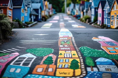 Childrens Drawing On The Asphalt With The Town With Roads, Buildings, And Treesの素材