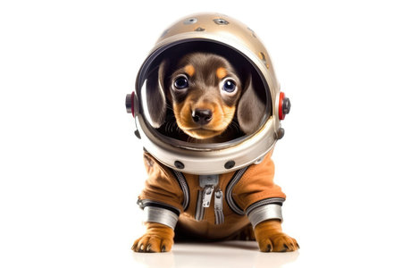 Puppy In Astronaut Costume On White Backgroundの素材