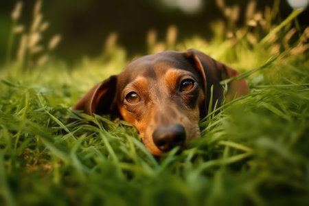 Dachshund Dog Lies In The Beautiful Grassの素材