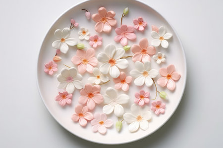 Floral Porcelain Plate With Delicate Blossoms In Soft Pastel Colors On White Background Directly Above Viewの素材