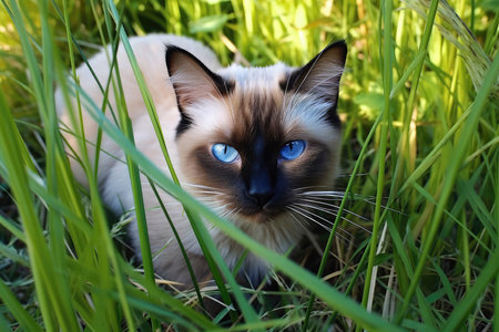 Siamese Cat Lies In The Beautiful Grassの素材
