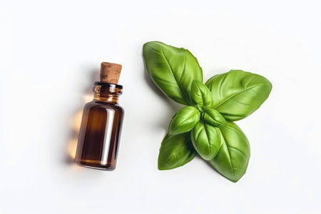 Basil Essential Oil In Small Brown Bottle Next To Basil On White Background, Top Viewの素材