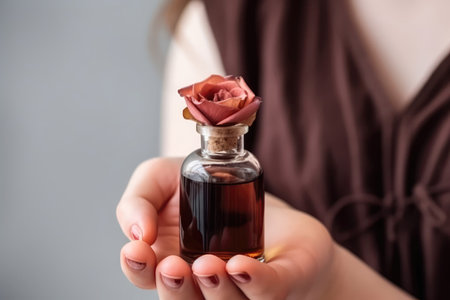 Essential Oil Of Rose In Small Brown Bottle With Rose In Womens Hands On White Backgroundの素材