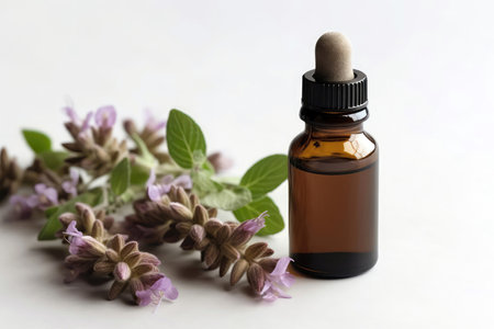 Clary Sage Essential Oil In Small Brown Bottle Next To Clary Sage On White Backgroundの素材