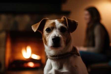 Dog With Defocused Fireplace And Woman With Cup In The Backgroundの素材