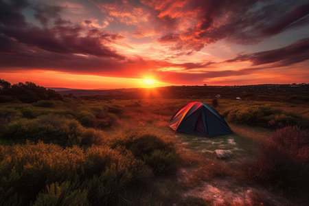 Camping Tent Under Vibrant Sunset Sky, Casting Warm Glowの素材