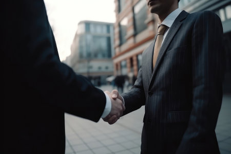 Businessmen Do Handshake With Partner In Front Of Defocused Business Centerの素材