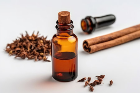 Palmarosa Essential Oil In Small Brown Bottle Next To Palmarosa On White Background, Top Viewの素材
