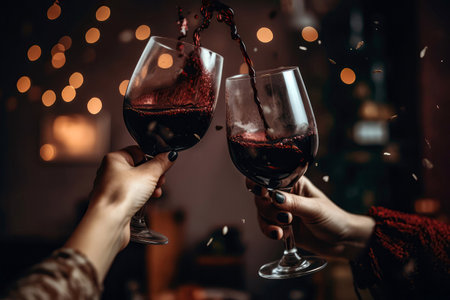 Couple Holding Red Wine Glasses With Party Backgroundの素材