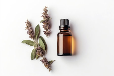 Clary Sage Essential Oil In Small Brown Bottle Next To Clary Sage On White Background, Top Viewの素材