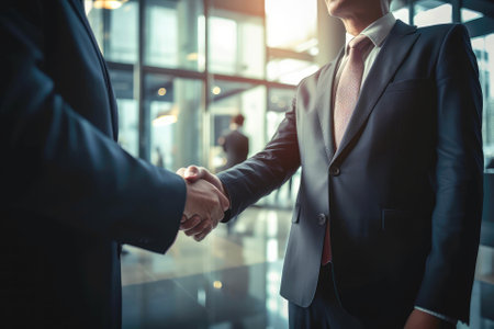 Businessman Do Handshake With Partner In Front Of Defocused Officeの素材