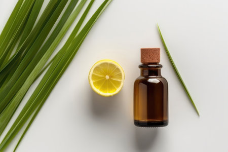 Lemongrass Essential Oil In Small Brown Bottle Next To Lemongrass On White Background, Top Viewの素材