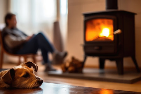 Dog With Defocused Fireplace And Man With Cup In The Backgroundの素材