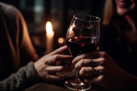 Happy Couple Enjoying Romantic Moment With Wine Glasses Closeupの素材