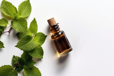 Patchouli Essential Oil In Small Brown Bottle Next To Patchouli On White Background, Top Viewの素材