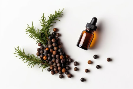 Juniper Berry Essential Oil In Small Brown Bottle Next To Juniper Berry On White Background, Top Viewの素材