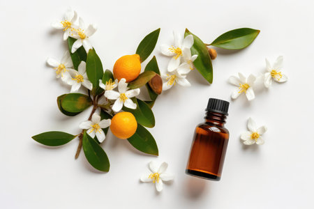 Neroli Essential Oil In Small Brown Bottle Next To Neroli On White Background, Top Viewの素材