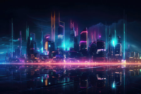 Technological City Skyline Illuminated With Neon Lightingの素材