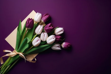 Photograph Of Top View Of Copy Space And Purple Envelope And Bouquet Of White Tulips With Copy Paste Purple Backgroundの素材