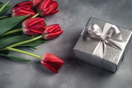 Photo Of The Top View Of The Copy Space And The Elegant Silver Gift Box With Ribbon Bow On The Side And Bouquet Of Red Tulips With Copypaste Silver Backgroundの素材